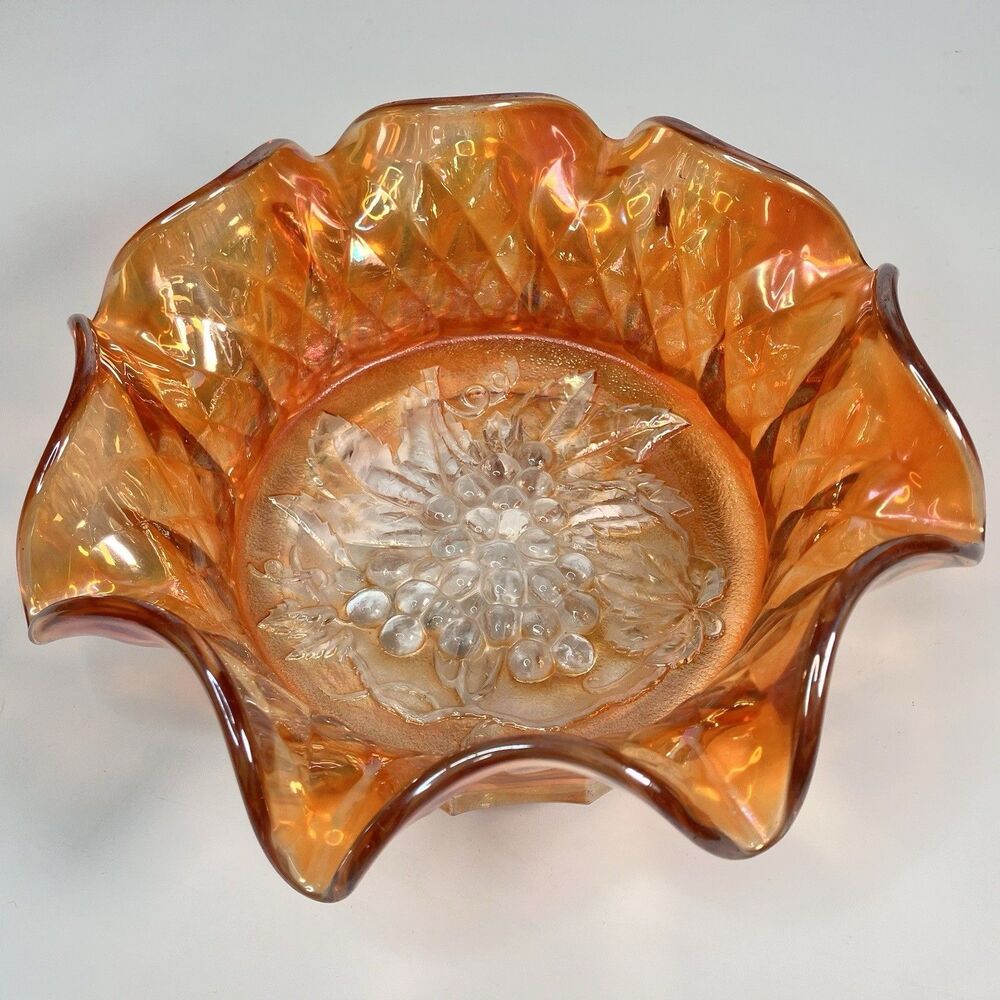 Vtg Carnival Glass Harvest Grape Ruffled Bowl 9" Marigold Orange Quilted Sides